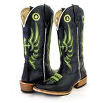 Bota Texana Masculina Couro Legítimo Bovino Látego Preto Bordado Cruz Verde Salto Carrapeta