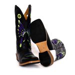 Bota Texana Couro Legítimo Látego Preto e Branco Cocar Roxo Salto Carrapeta