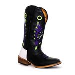 Bota Texana Couro Legítimo Látego Preto e Branco Cocar Roxo Salto Carrapeta