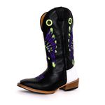 Bota Texana Couro Legítimo Látego Preto e Branco Cocar Roxo Salto Carrapeta