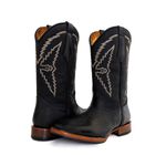 Bota Texana Masculina Cano Padrão Couro Bovino Legítimo Tubarão Preto e Crazy Horse Preto