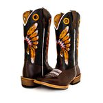 Bota Texana Masculina Couro Legítimo Mustang Café e Látego Preto Bordado Cocar Salto Carrapeta