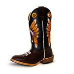 Bota Texana Masculina Couro Legítimo Mustang Café e Látego Preto Bordado Cocar Salto Carrapeta