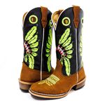 Bota Texana Masculina Couro Legítimo Bovino Látego Preto e Nobuck Batido Cocar Salto Carrapeta