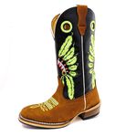 Bota Texana Masculina Couro Legítimo Bovino Látego Preto e Nobuck Batido Cocar Salto Carrapeta