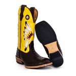 Bota Texana Masculina Couro Bovino Legítimo Avestruz Café e Fly Amarelo Cocar Salto Carrapeta