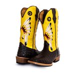 Bota Texana Masculina Couro Bovino Legítimo Avestruz Café e Fly Amarelo Cocar Salto Carrapeta