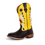 Bota Texana Masculina Couro Bovino Legítimo Avestruz Café e Fly Amarelo Cocar Salto Carrapeta
