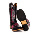 Bota Texana Couro Legítimo Látego Preto Bordado Cocar Rosa Salto Carrapeta