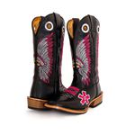 Bota Texana Couro Legítimo Látego Preto Bordado Cocar Rosa Salto Carrapeta