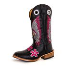 Bota Texana Couro Legítimo Látego Preto Bordado Cocar Rosa Salto Carrapeta