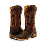 Bota Texana Masculina Couro Legítimo Bovino Tubarão Café e Fóssil Pinhão Bordado Flecha Solado Carrapeta