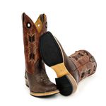 Bota Texana Masculina Couro Legítimo Bovino Tubarão Café e Fóssil Pinhão Bordado Flecha Solado Carrapeta