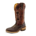 Bota Texana Masculina Couro Legítimo Bovino Tubarão Café e Fóssil Pinhão Bordado Flecha Solado Carrapeta