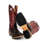 Bota Texana Masculina Salto Carrapeta Couro Bovino Legítimo Avestruz Chocolate e Fóssil Vinho