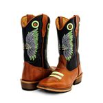 Bota Texana Masculina Cano Padrão Couro Legítimo Pull Up Canela e Floater Preto Salto Carrapeta