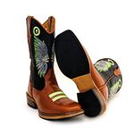 Bota Texana Masculina Cano Padrão Couro Legítimo Pull Up Canela e Floater Preto Salto Carrapeta