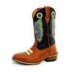 Bota Texana Masculina Cano Padrão Couro Legítimo Pull Up Canela e Floater Preto Salto Carrapeta