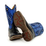 Bota Texana Masculina Cano Padrão Couro Bovino Legítimo Látego Preto e Fly Azul Bordado Quadriculado Solado Jump