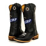 Bota Texana Masculina Couro Legítimo Látego Preto Bordado CRP Solado Carrapeta