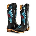 Bota Texana Carrapeta Couro Mustang Preto Bordado Cocar Azul