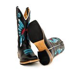 Bota Texana Carrapeta Couro Mustang Preto Bordado Cocar Azul