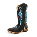 Bota Texana Carrapeta Couro Mustang Preto Bordado Cocar Azul