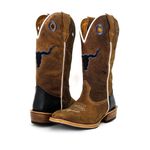 Bota Texana Masculina Couro Legítimo Mustang Tabaco e Látego Preto Bordado Boi Salto Carrapeta
