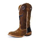 Bota Texana Masculina Couro Legítimo Mustang Tabaco e Látego Preto Bordado Boi Salto Carrapeta