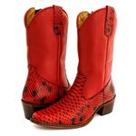 Bota Texana Feminina Cano Médio Couro Legítimo Bovino Anaconda Vermelha e Floater Vermelho