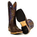 Bota Texana Masculina Couro Bovino Legítimo Elefante Café e Látego Preto Bordado Azul Salto Carrapeta