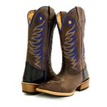 Bota Texana Masculina Couro Bovino Legítimo Elefante Café e Látego Preto Bordado Azul Salto Carrapeta