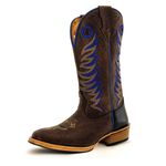 Bota Texana Masculina Couro Bovino Legítimo Elefante Café e Látego Preto Bordado Azul Salto Carrapeta