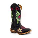 Bota Texana Masculina Couro Legítimo Látego Preto Bordado Cocar Verde e Roseta Solado Carrapeta