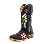 Bota Texana Masculina Couro Legítimo Látego Preto Bordado Cocar Verde e Roseta Solado Carrapeta