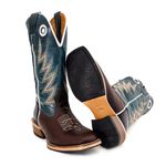 Bota Texana Masculina Couro Legítimo Crazy Horse Café, Látego Preto e Fóssil Azul Salto Carrapeta