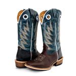 Bota Texana Masculina Couro Legítimo Crazy Horse Café, Látego Preto e Fóssil Azul Salto Carrapeta