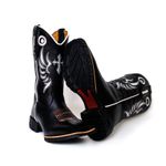 Bota Texana Masculina Cano Padrão Couro Bovino Legítimo Látego Preto Bordado Cruz Solado de Borracha