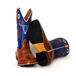 Bota Texana Masculina Couro Bovino Legítimo Pull Up Canela e Fly Azul Bordado Boi Salto Carrapeta