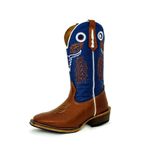 Bota Texana Masculina Couro Bovino Legítimo Pull Up Canela e Fly Azul Bordado Boi Salto Carrapeta
