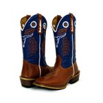 Bota Texana Masculina Couro Bovino Legítimo Pull Up Canela e Fly Azul Bordado Boi Salto Carrapeta