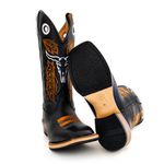Bota Texana Masculina Couro Bovino Legítimo Látego Preto Bordado Boi Salto Carrapeta