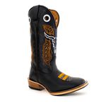 Bota Texana Masculina Couro Bovino Legítimo Látego Preto Bordado Boi Salto Carrapeta