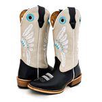 Bota Texana Masculina Couro Legítimo Látego Preto e Floater Off White Bordado Cocar Salto Carrapeta