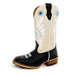 Bota Texana Masculina Couro Legítimo Látego Preto e Floater Off White Bordado Cocar Salto Carrapeta
