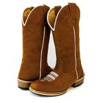 Bota Texana Masculina Couro Legítimo Nobuck Batido Florão Branco Salto Carrapeta