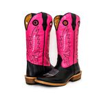 Bota Texana Masculina Couro Legítimo Látego Preto e Fly Rosa Chiclete Bordado Linha Salto Carrapeta