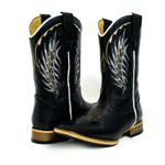 Bota Texana Masculina Cano Padrão Couro Legítimo Látego Preto Bordado Asa Solado Reto