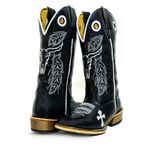 Bota Texana Masculina Couro Legítimo Látego Preto Bordado Boi e Cruz Salto Carrapeta