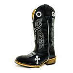 Bota Texana Masculina Couro Legítimo Látego Preto Bordado Boi e Cruz Salto Carrapeta